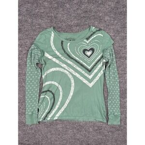 Ellemenno Y2K Layered Green Heart Print Graphic Tee Women XL Long Sleeve